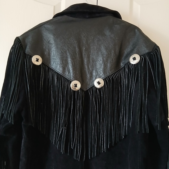 Schott NYC Western Black Tooled Leather Conchos Fringed Jacket 46 USA Vintage. - Picture 6 of 12